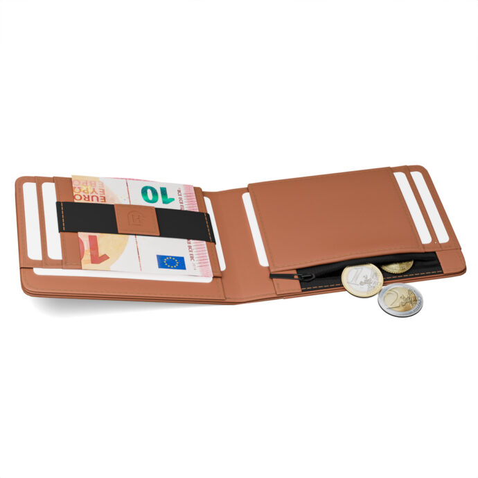 jasnobrązowy portfel z gumką na banknoty i kieszonką na monety