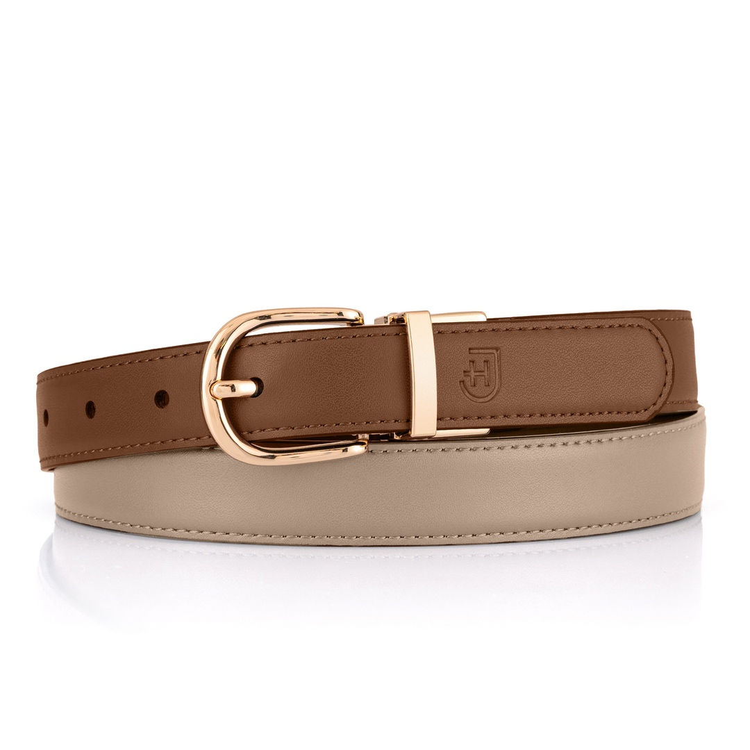 James Hawk Dual Belt | Damski skórzany pasek dwustronny w eleganckim opakowaniu prezentowym z obrotową owalną klamrą w złotym odcieniu