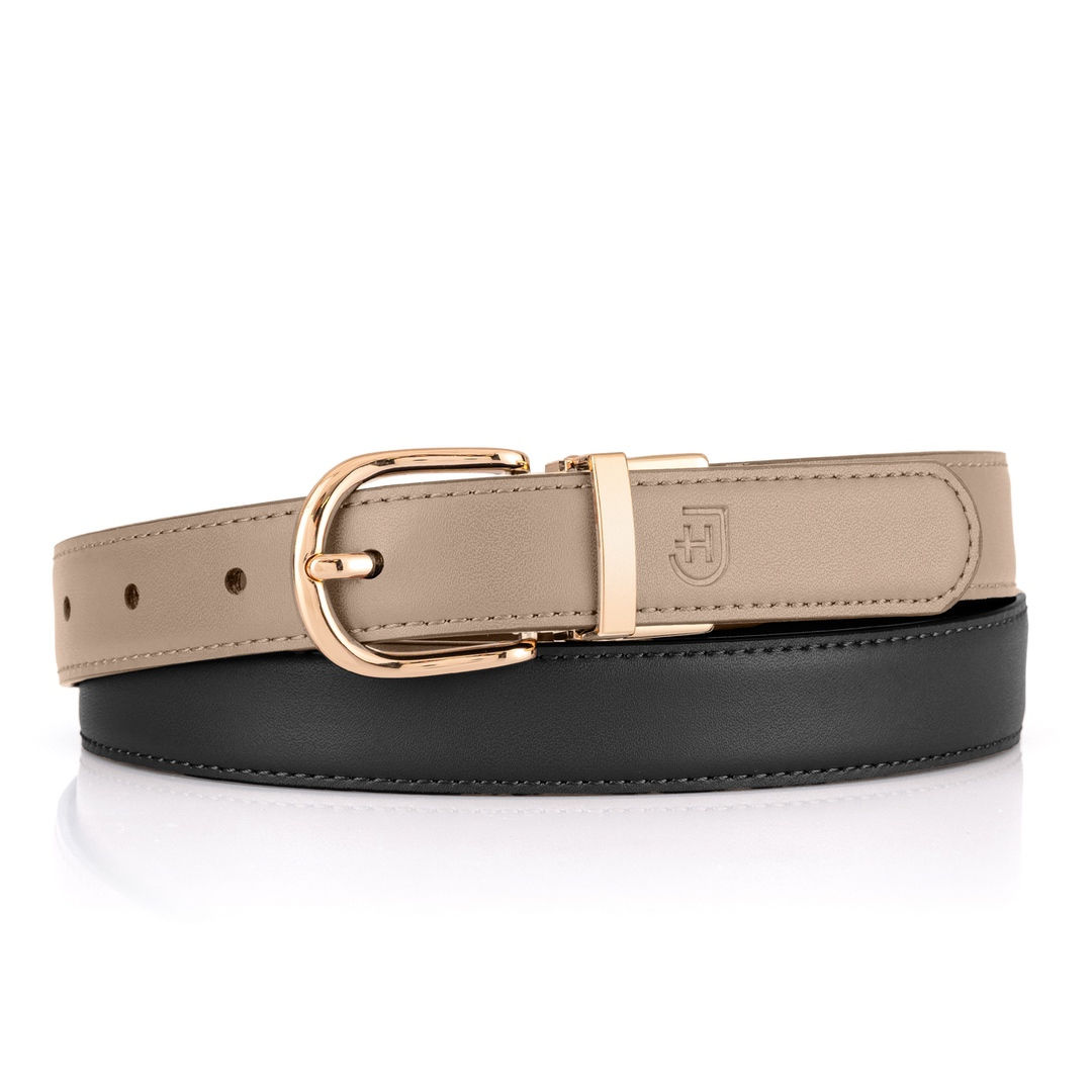 James Hawk Dual Belt | Damski skórzany pasek dwustronny w eleganckim opakowaniu prezentowym z obrotową owalną klamrą w złotym odcieniu